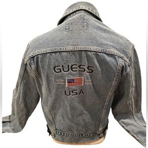 Vintage Womens Ladies *GUESS* Button Up Jean Jacket Denim SMALL Embroidered Flag